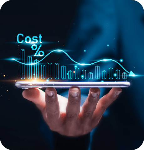 Hand holding phone with cost percentage graph.