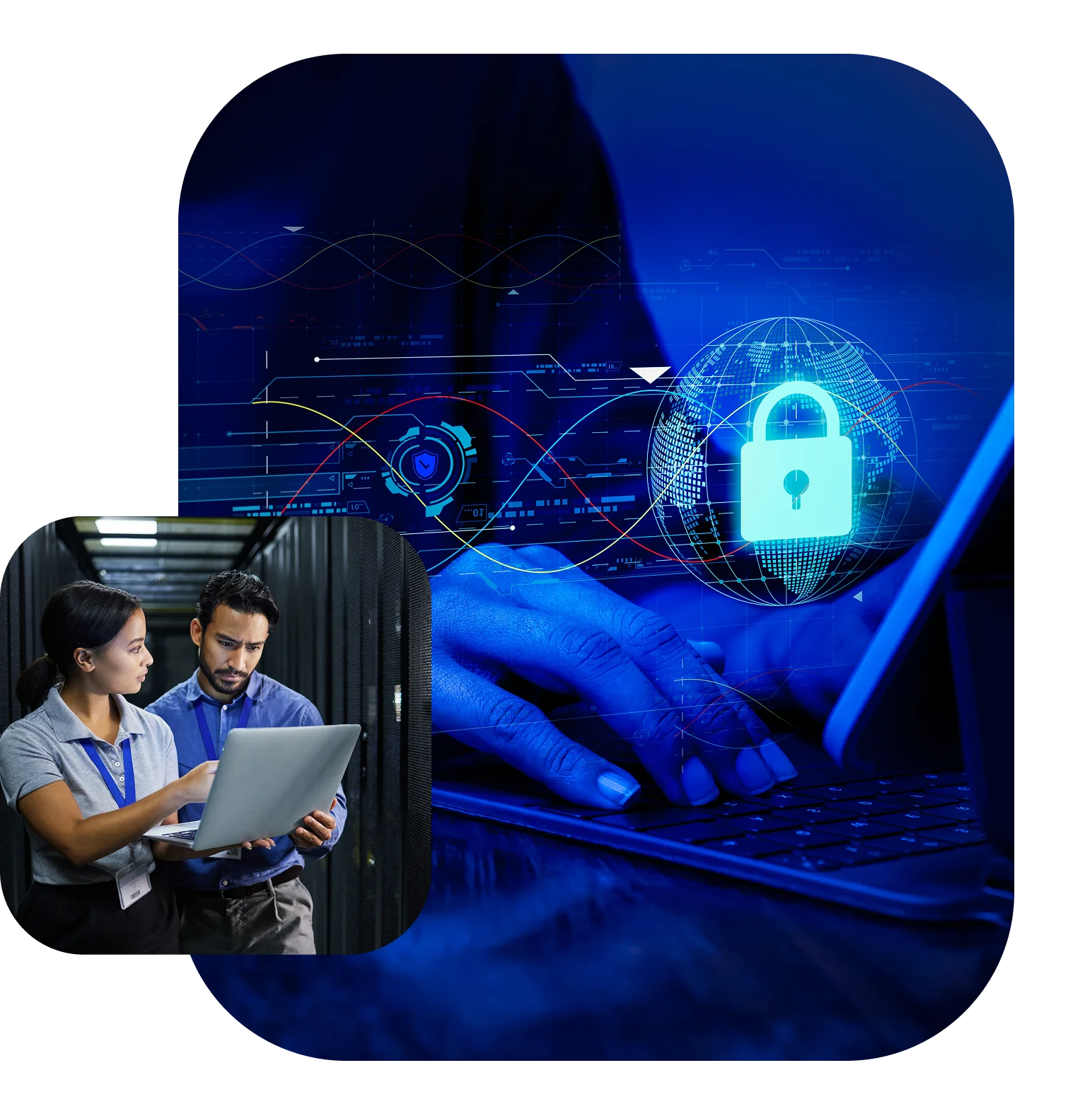 Cybersecurity concept with professionals and digital lock.