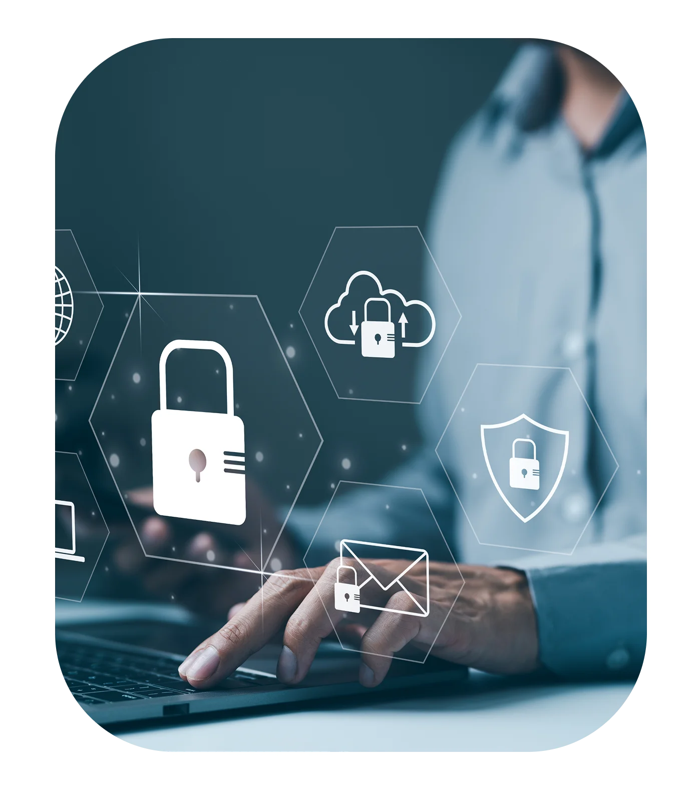 Person typing with cybersecurity icons overlay.